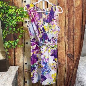 Sleeveless Floral Wrap Midi Dress in Purple and Yellow